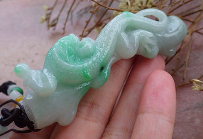 Certified Hand Carved Natural Burma Grade A Jade jadeite Dragon Lizard Bamboo Pendant Necklace