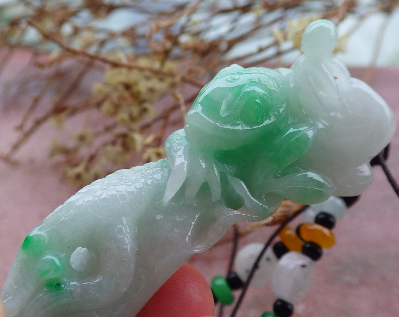 Certified Hand Carved Natural Burma Grade A Jade jadeite Dragon Lizard Bamboo Pendant Necklace