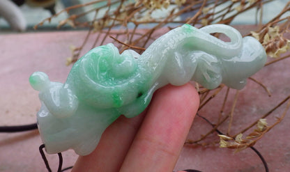 Certified Hand Carved Natural Burma Grade A Jade jadeite Dragon Lizard Bamboo Pendant Necklace