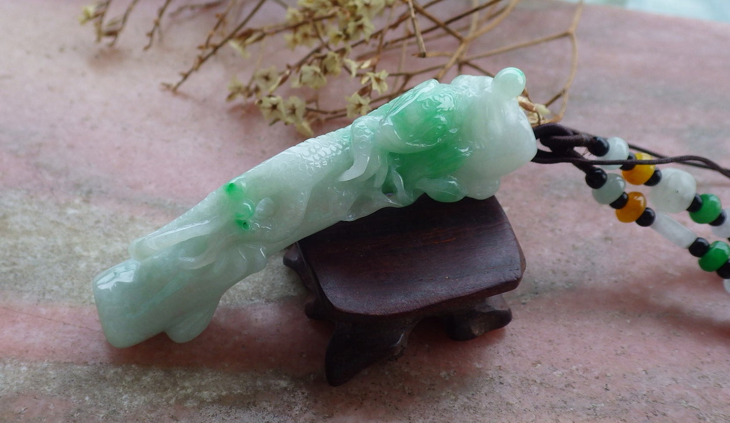 Certified Hand Carved Natural Burma Grade A Jade jadeite Dragon Lizard Bamboo Pendant Necklace