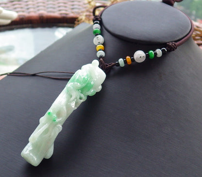 Certified Hand Carved Natural Burma Grade A Jade jadeite Dragon Lizard Bamboo Pendant Necklace