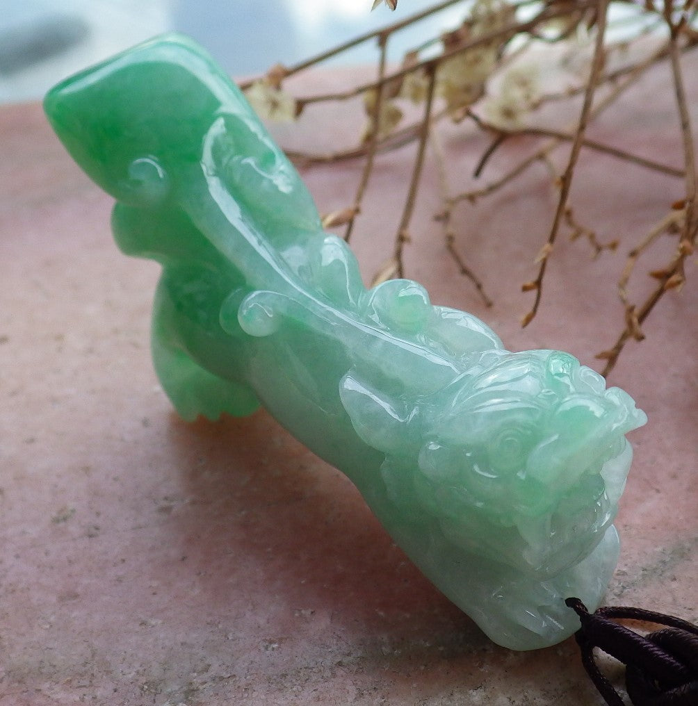 Certified Hand Carved Green Burma Myanmar Natural A Jade jadeite Dragon Pi Xiu Pendant Necklace