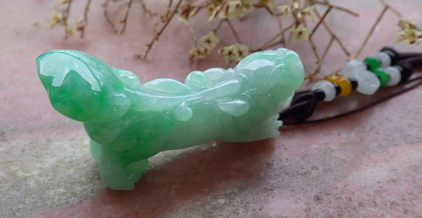 Certified Hand Carved Green Burma Myanmar Natural A Jade jadeite Dragon Pi Xiu Pendant Necklace