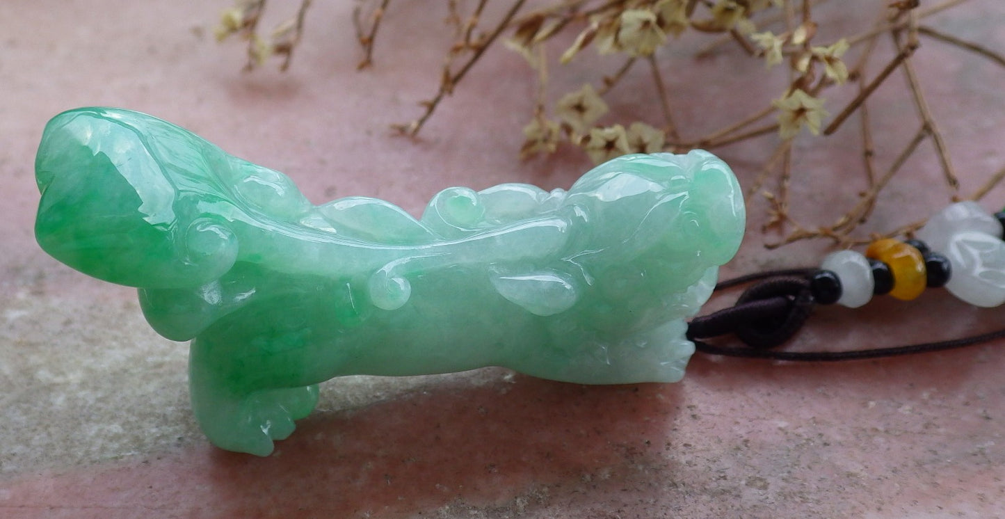 Certified Hand Carved Green Burma Myanmar Natural A Jade jadeite Dragon Pi Xiu Pendant Necklace