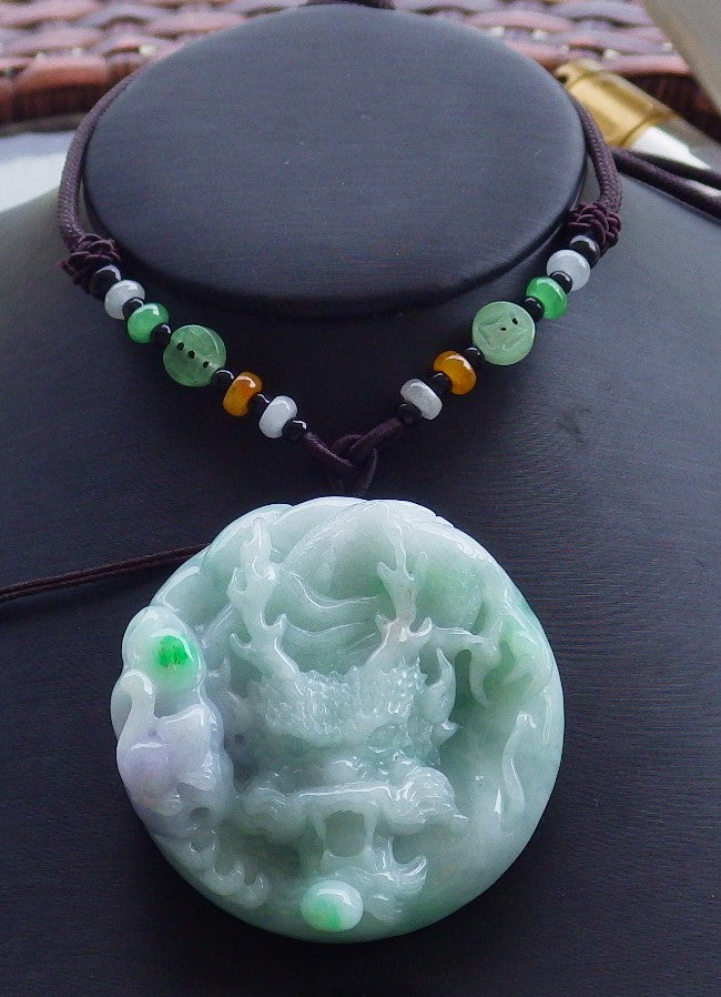 Certified Hand Carved Lavender Green Natural Burma A Jade jadeite Circle Dragon Bead Beads Pendant Necklace