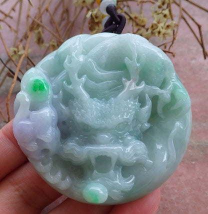 Certified Hand Carved Lavender Green Natural Burma A Jade jadeite Circle Dragon Bead Beads Pendant Necklace