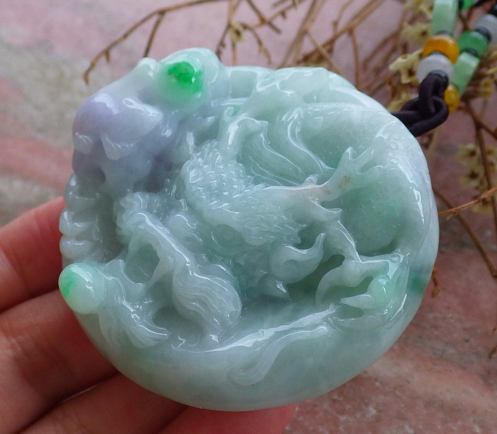 Certified Hand Carved Lavender Green Natural Burma A Jade jadeite Circle Dragon Bead Beads Pendant Necklace