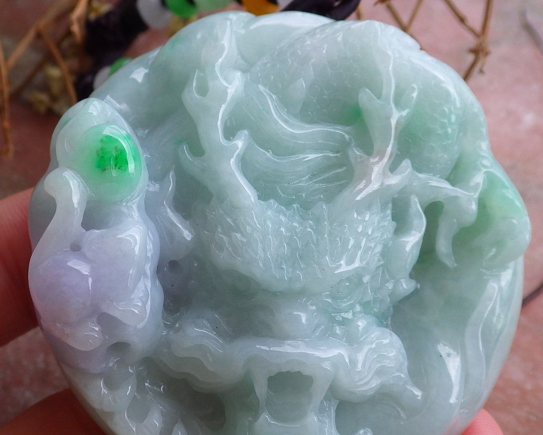 Certified Hand Carved Lavender Green Natural Burma A Jade jadeite Circle Dragon Bead Beads Pendant Necklace