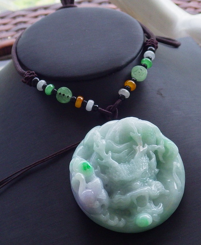 Certified Hand Carved Lavender Green Natural Burma A Jade jadeite Circle Dragon Bead Beads Pendant Necklace