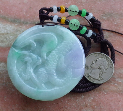 Certified Hand Carved Lavender Green Natural Burma A Jade jadeite Circle Dragon Bead Beads Pendant Necklace