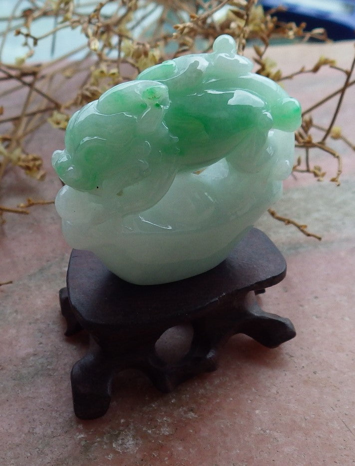 Certified Green Natural Burma Grade A Jade jadeite Dragon Pi Xiu Money Amulet Display with Wood Stand