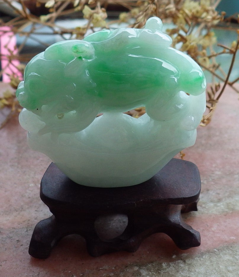 Certified Green Natural Burma Grade A Jade jadeite Dragon Pi Xiu Money Amulet Display with Wood Stand