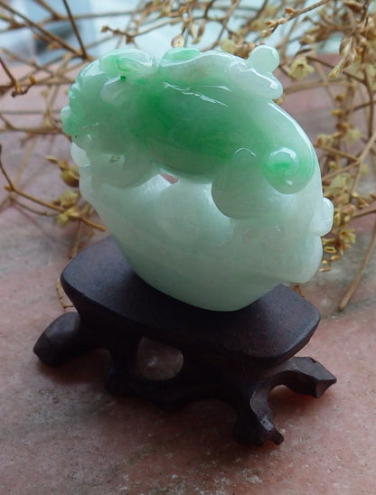 Certified Green Natural Burma Grade A Jade jadeite Dragon Pi Xiu Money Amulet Display with Wood Stand