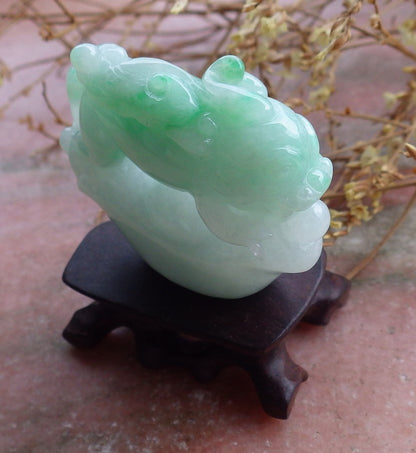 Certified Green Natural Burma Grade A Jade jadeite Dragon Pi Xiu Money Amulet Display with Wood Stand