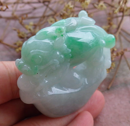 Certified Green Natural Burma Grade A Jade jadeite Dragon Pi Xiu Money Amulet Display with Wood Stand