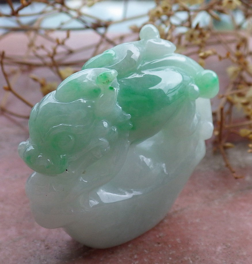 Certified Green Natural Burma Grade A Jade jadeite Dragon Pi Xiu Money Amulet Display with Wood Stand