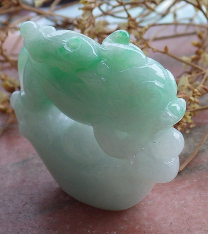 Certified Green Natural Burma Grade A Jade jadeite Dragon Pi Xiu Money Amulet Display with Wood Stand