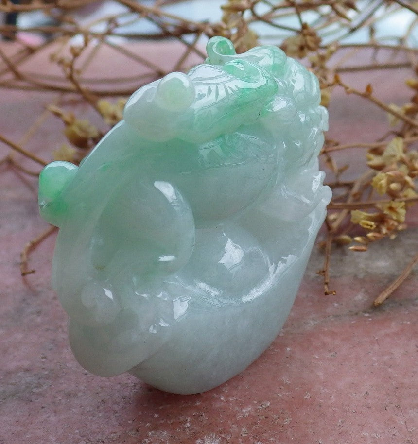 Certified Green Natural Burma Grade A Jade jadeite Dragon Pi Xiu Money Amulet Display with Wood Stand