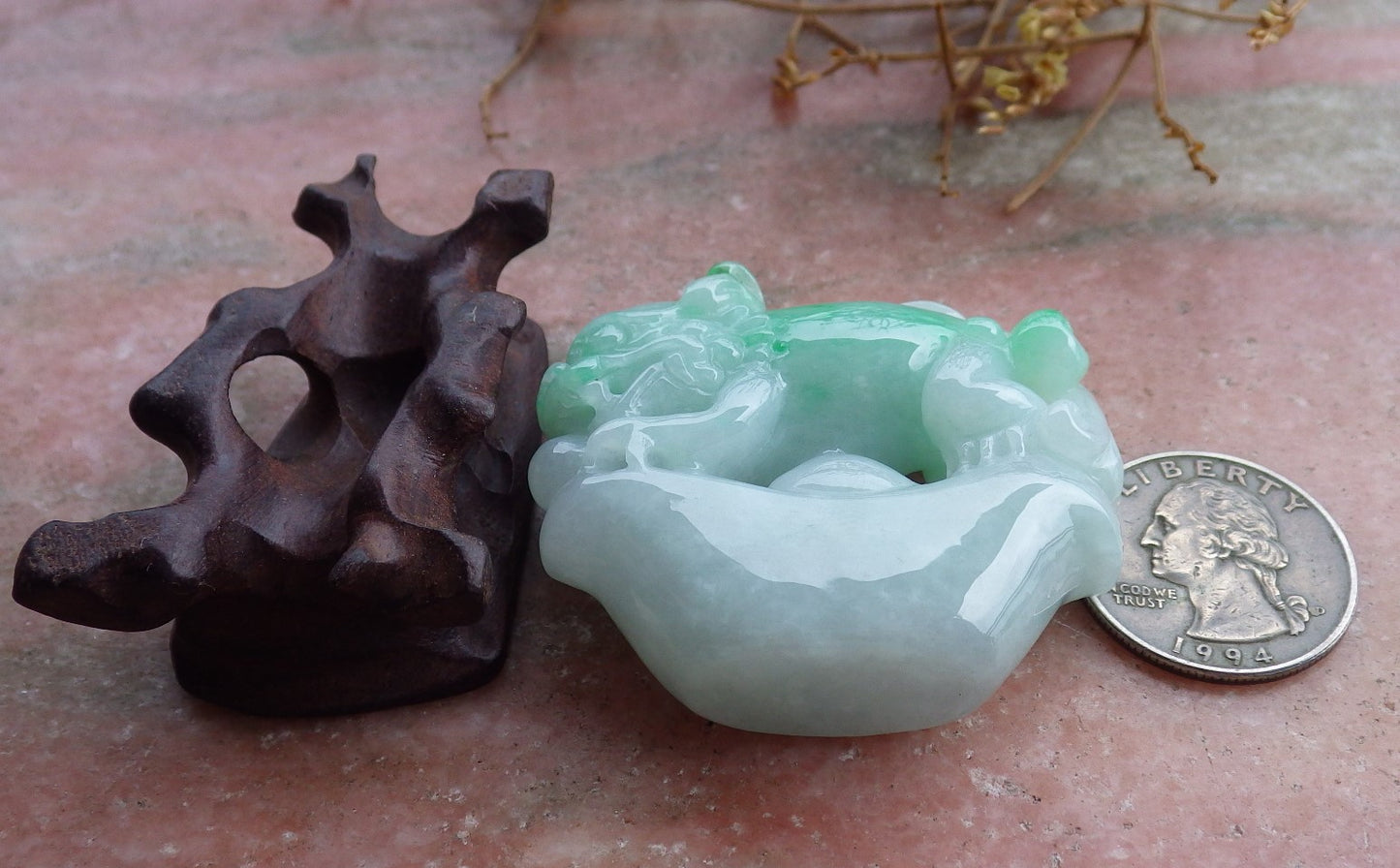 Certified Green Natural Burma Grade A Jade jadeite Dragon Pi Xiu Money Amulet Display with Wood Stand