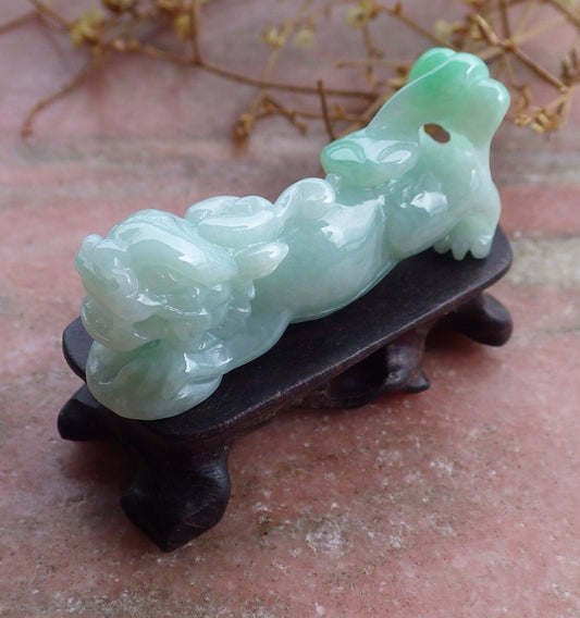 Certified Hand Carved Green Natural Myanmar Burma Grade A Jade jadeite Dragon Pi Xiu Pendant Necklace or Display with Wood Stand