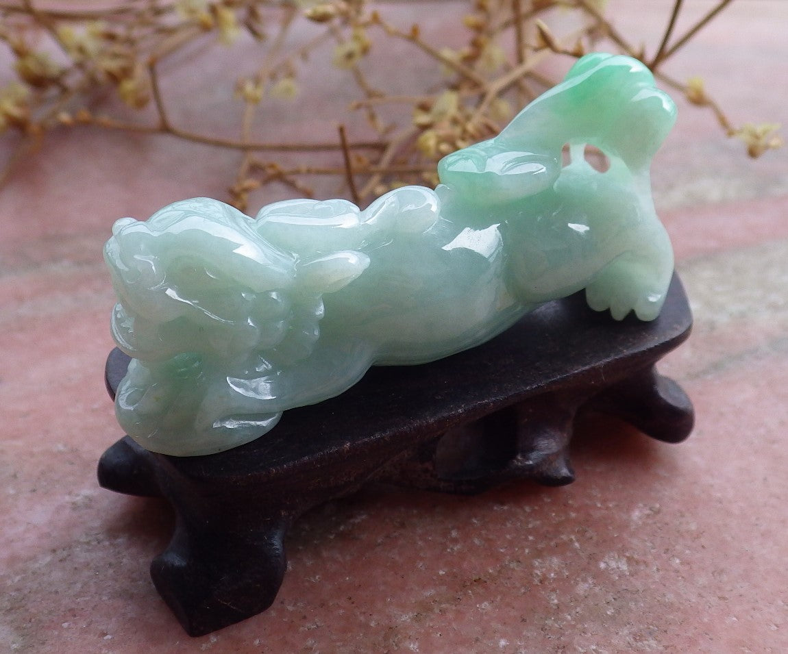 Certified Hand Carved Green Natural Myanmar Burma Grade A Jade jadeite Dragon Pi Xiu Pendant Necklace or Display with Wood Stand