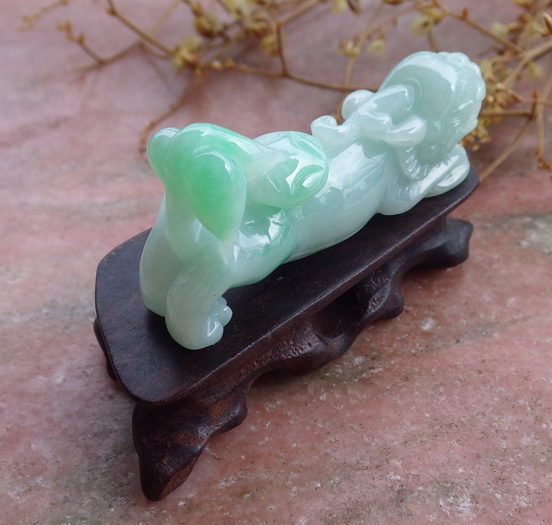 Certified Hand Carved Green Natural Myanmar Burma Grade A Jade jadeite Dragon Pi Xiu Pendant Necklace or Display with Wood Stand