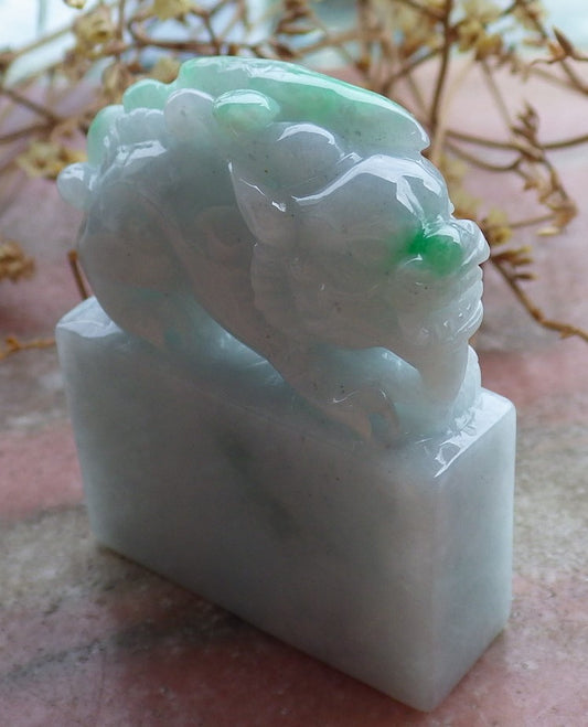 Certified Hand Carved Green Natural Myanmar Burma A Jade jadeite Dragon Pi Xiu Chop Seal Display