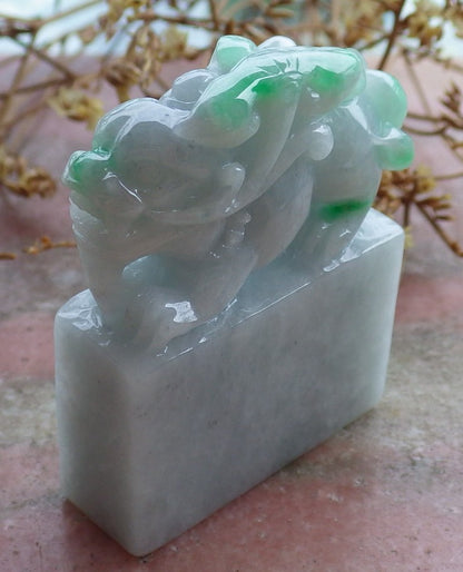 Certified Hand Carved Green Natural Myanmar Burma A Jade jadeite Dragon Pi Xiu Chop Seal Display