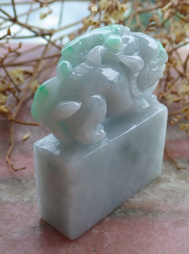 Certified Hand Carved Green Natural Myanmar Burma A Jade jadeite Dragon Pi Xiu Chop Seal Display