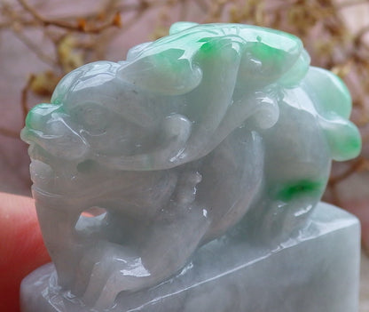 Certified Hand Carved Green Natural Myanmar Burma A Jade jadeite Dragon Pi Xiu Chop Seal Display