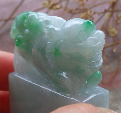 Certified Hand Carved Green Natural Myanmar Burma A Jade jadeite Dragon Pi Xiu Chop Seal Display