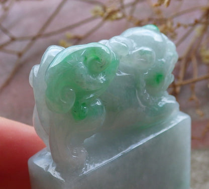 Certified Hand Carved Green Natural Myanmar Burma A Jade jadeite Dragon Pi Xiu Chop Seal Display