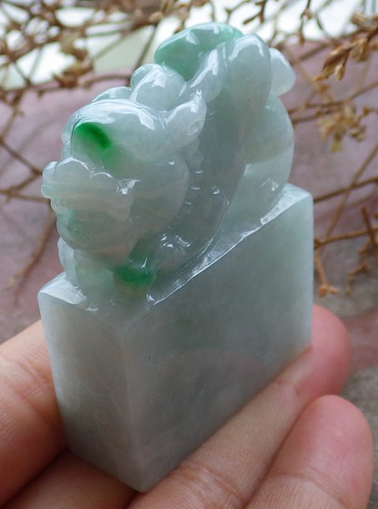 Certified Hand Carved Green Natural Myanmar Burma A Jade jadeite Dragon Pi Xiu Chop Seal Display