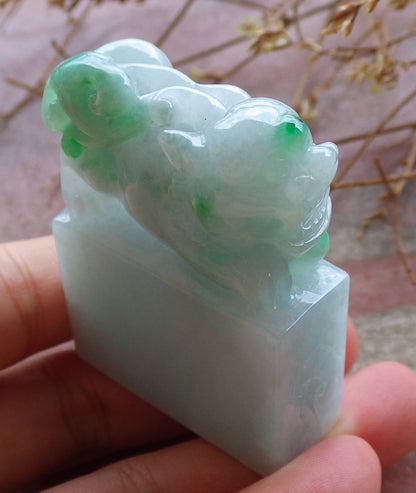 Certified Hand Carved Green Natural Myanmar Burma A Jade jadeite Dragon Pi Xiu Chop Seal Display