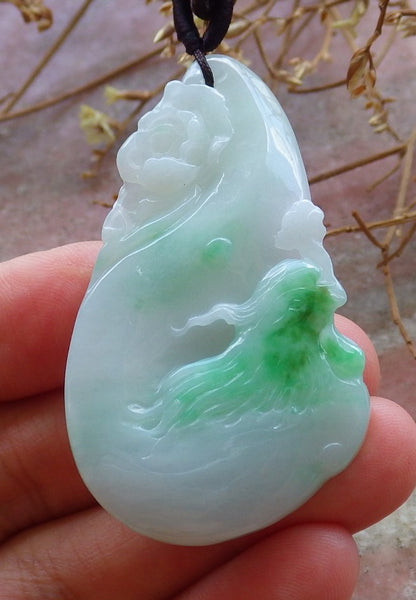 Certified Natural Lavender Green Burma A Jade jadeite Phoenix Flower Pendant Necklace