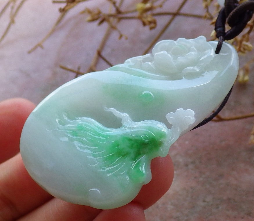 Certified Natural Lavender Green Burma A Jade jadeite Phoenix Flower Pendant Necklace