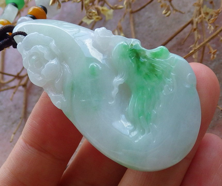 Certified Natural Lavender Green Burma A Jade jadeite Phoenix Flower Pendant Necklace