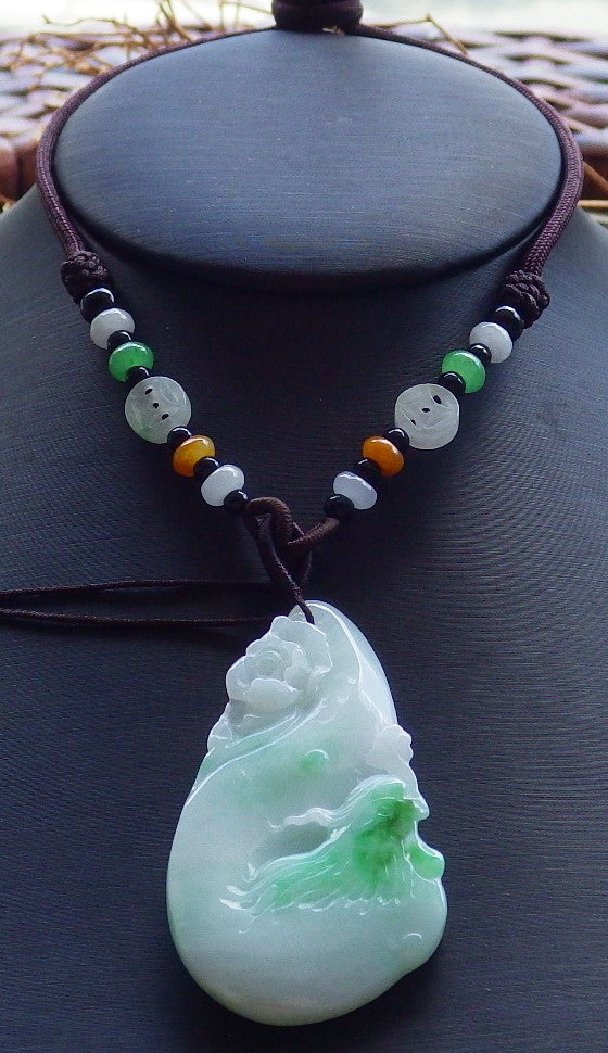 Certified Natural Lavender Green Burma A Jade jadeite Phoenix Flower Pendant Necklace