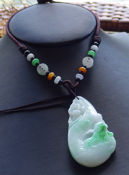 Certified Natural Lavender Green Burma A Jade jadeite Phoenix Flower Pendant Necklace