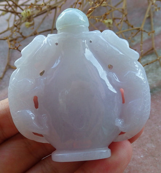 Certified Hand Carved Lavender Natural Myanmar Burma A Jade jadeite Dragon Snuff Bottle Display