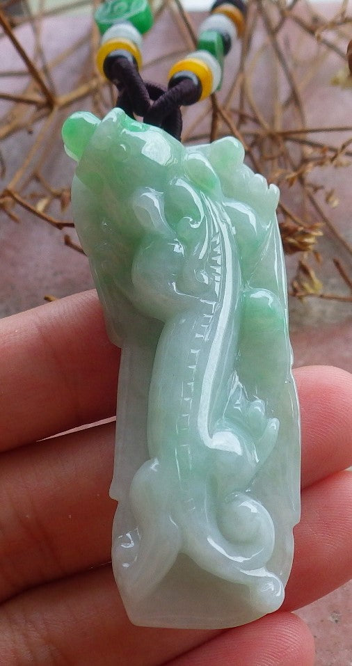 Certified Hand Carved Natural Green Burma A Jade jadeite Dragon Pi Xiu Lucky Amulet Pendant Necklace