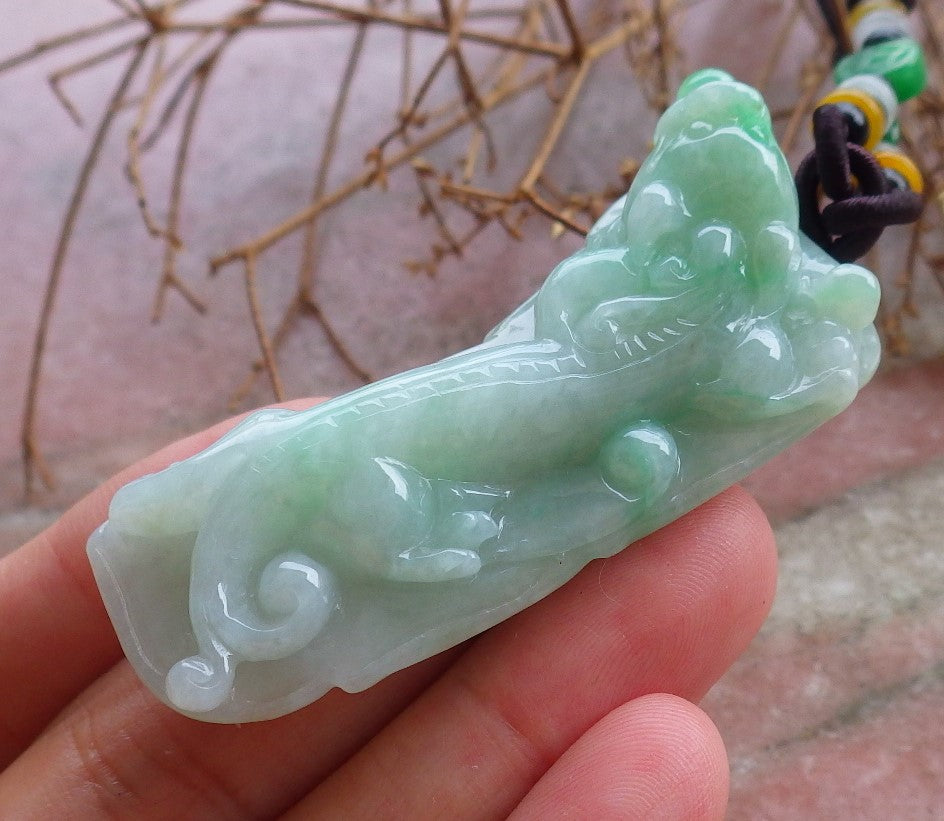 Certified Hand Carved Natural Green Burma A Jade jadeite Dragon Pi Xiu Lucky Amulet Pendant Necklace