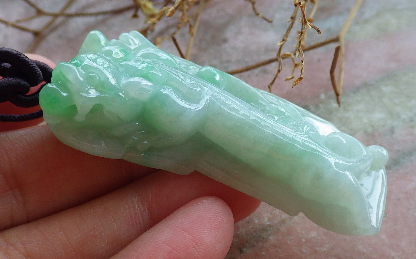 Certified Hand Carved Natural Green Burma A Jade jadeite Dragon Pi Xiu Lucky Amulet Pendant Necklace