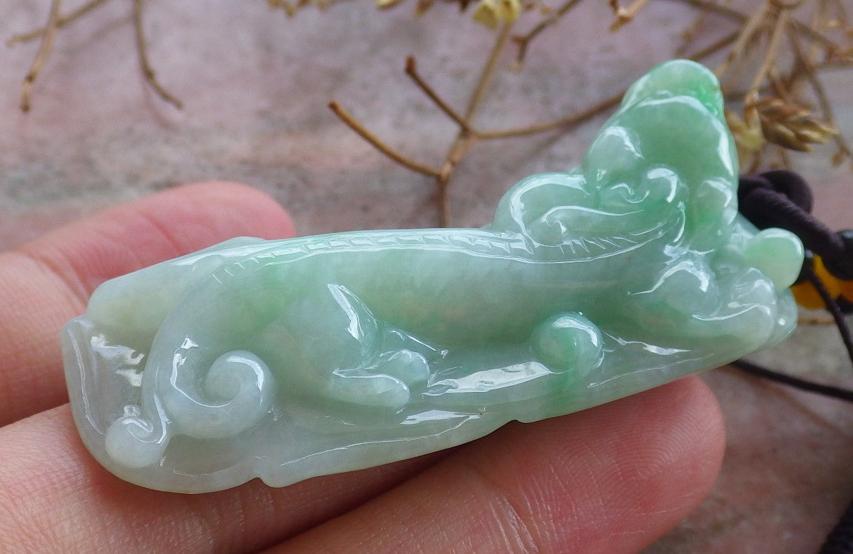 Certified Hand Carved Natural Green Burma A Jade jadeite Dragon Pi Xiu Lucky Amulet Pendant Necklace