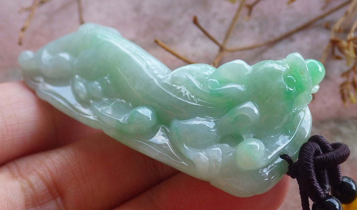 Certified Hand Carved Natural Green Burma A Jade jadeite Dragon Pi Xiu Lucky Amulet Pendant Necklace