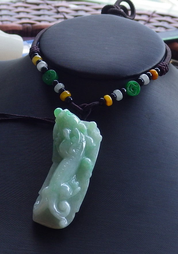 Certified Hand Carved Natural Green Burma A Jade jadeite Dragon Pi Xiu Lucky Amulet Pendant Necklace