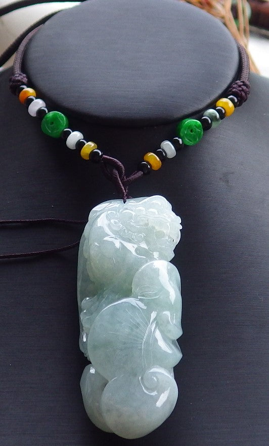 Certified Hand Carved Natural Green Burma A Jade jadeite Dragon Pi Xiu Lucky Amulet Pendant Necklace