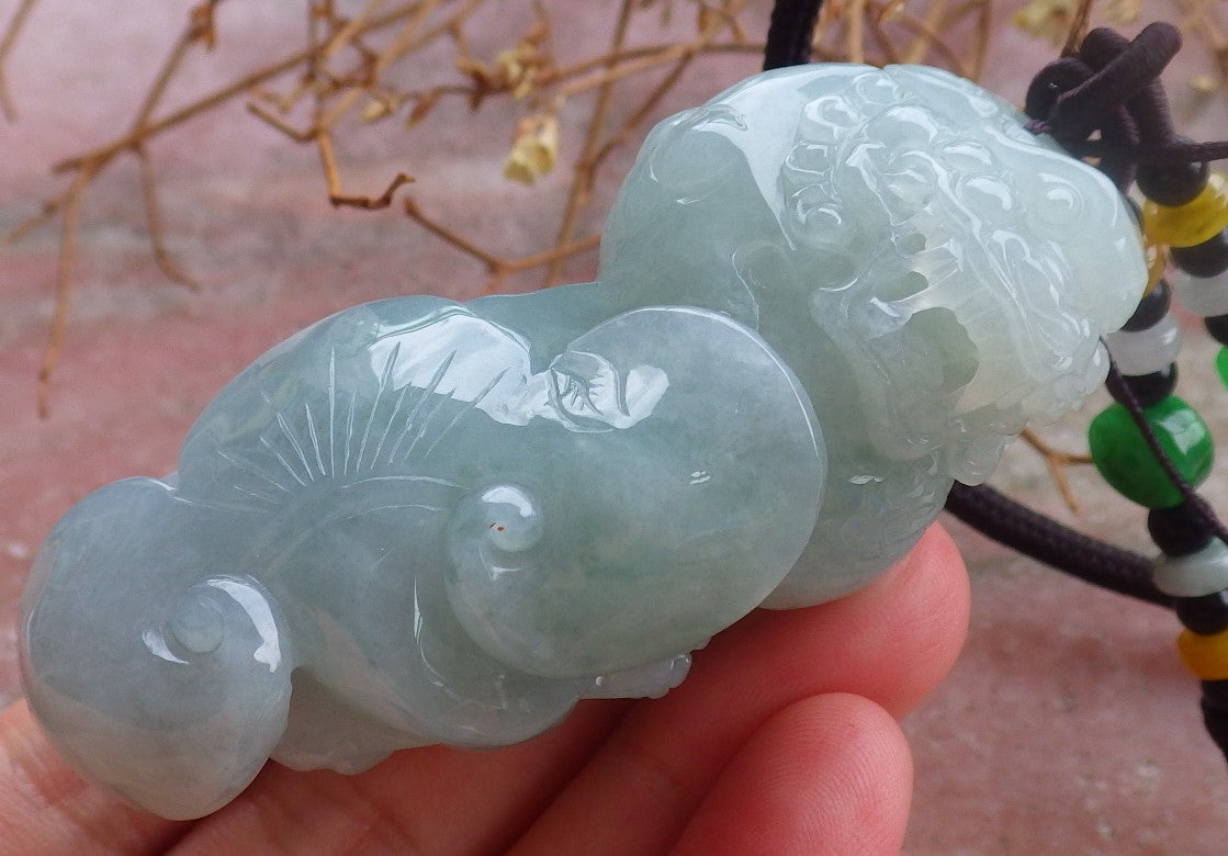 Certified Hand Carved Natural Green Burma A Jade jadeite Dragon Pi Xiu Lucky Amulet Pendant Necklace