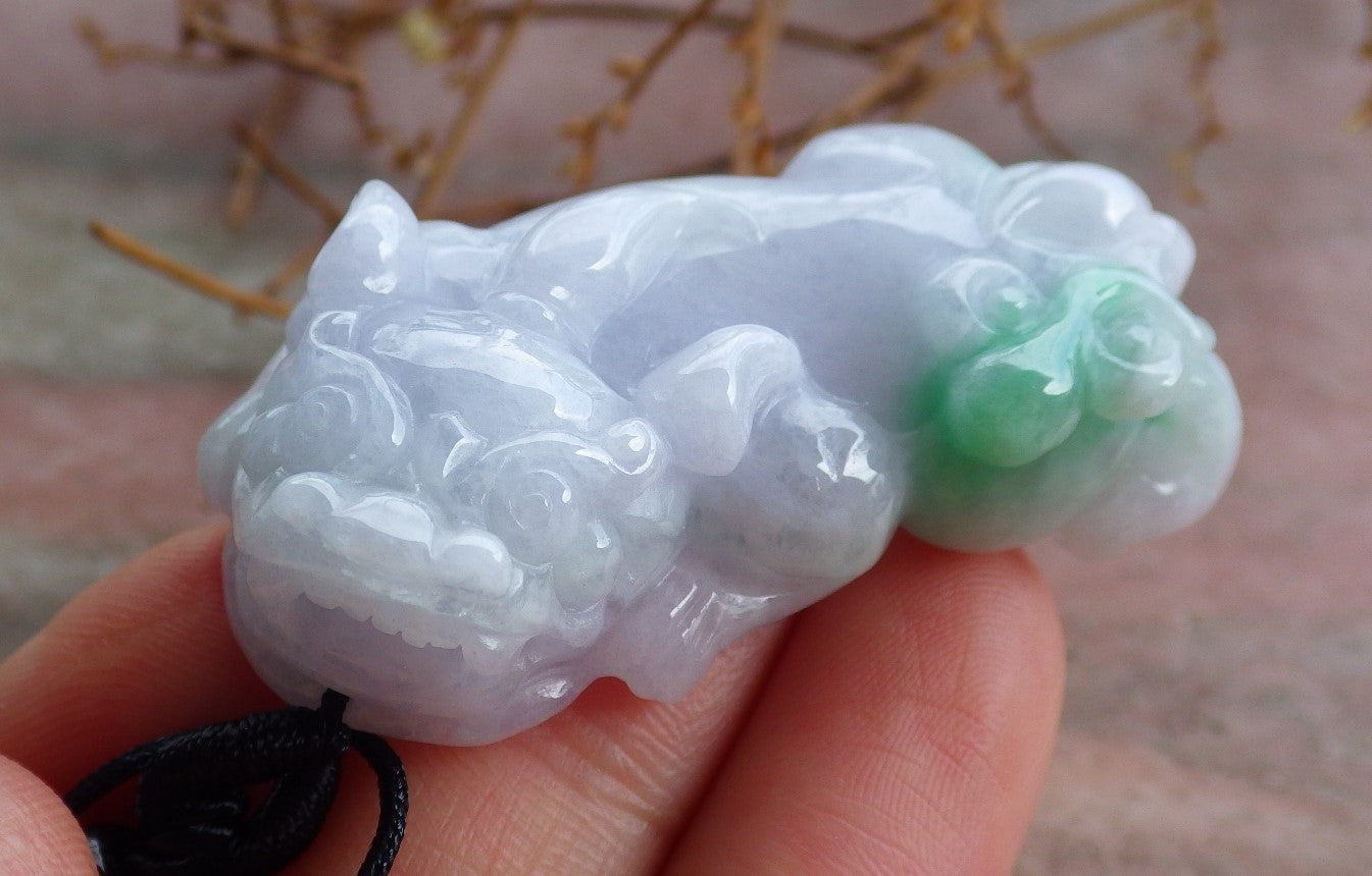 Certified Hand Carved Natural Lavender Green Myanmar Burma A Jade jadeite Dragon Pi Xiu Lucky Amulet Pendant Necklace