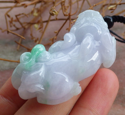 Certified Hand Carved Natural Lavender Green Myanmar Burma A Jade jadeite Dragon Pi Xiu Lucky Amulet Pendant Necklace